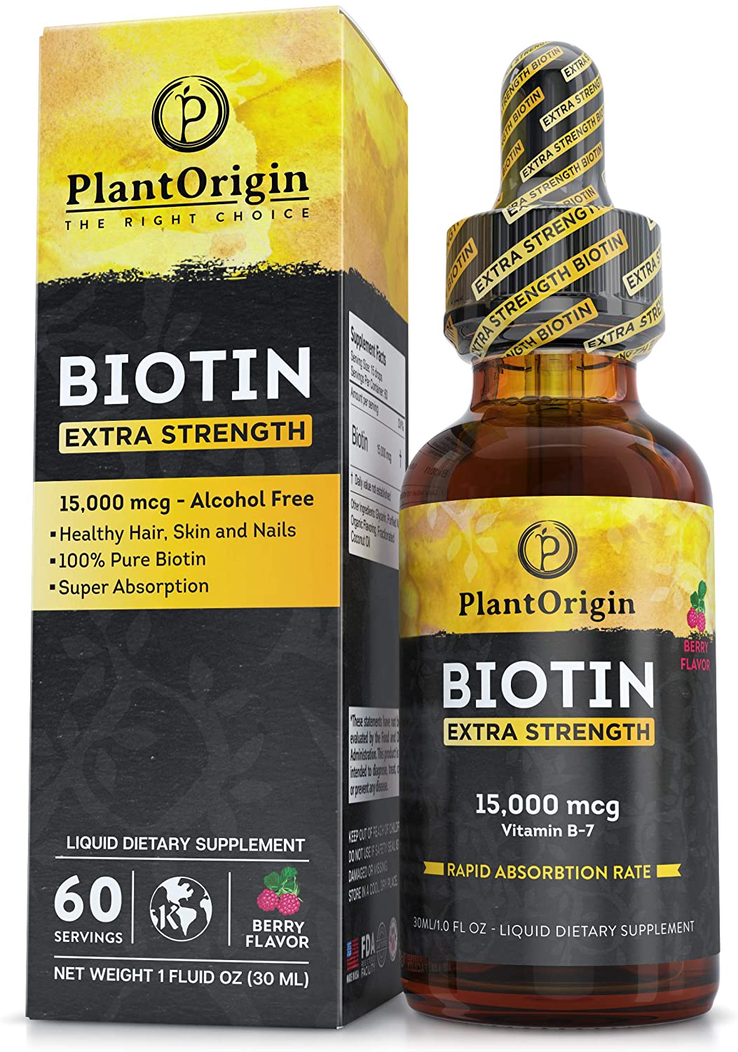 Extra-Strength 15000mcg Biotin Liquid Vitamin Drops - Supports Hair Growth, Glowing Skin & Strong Nails