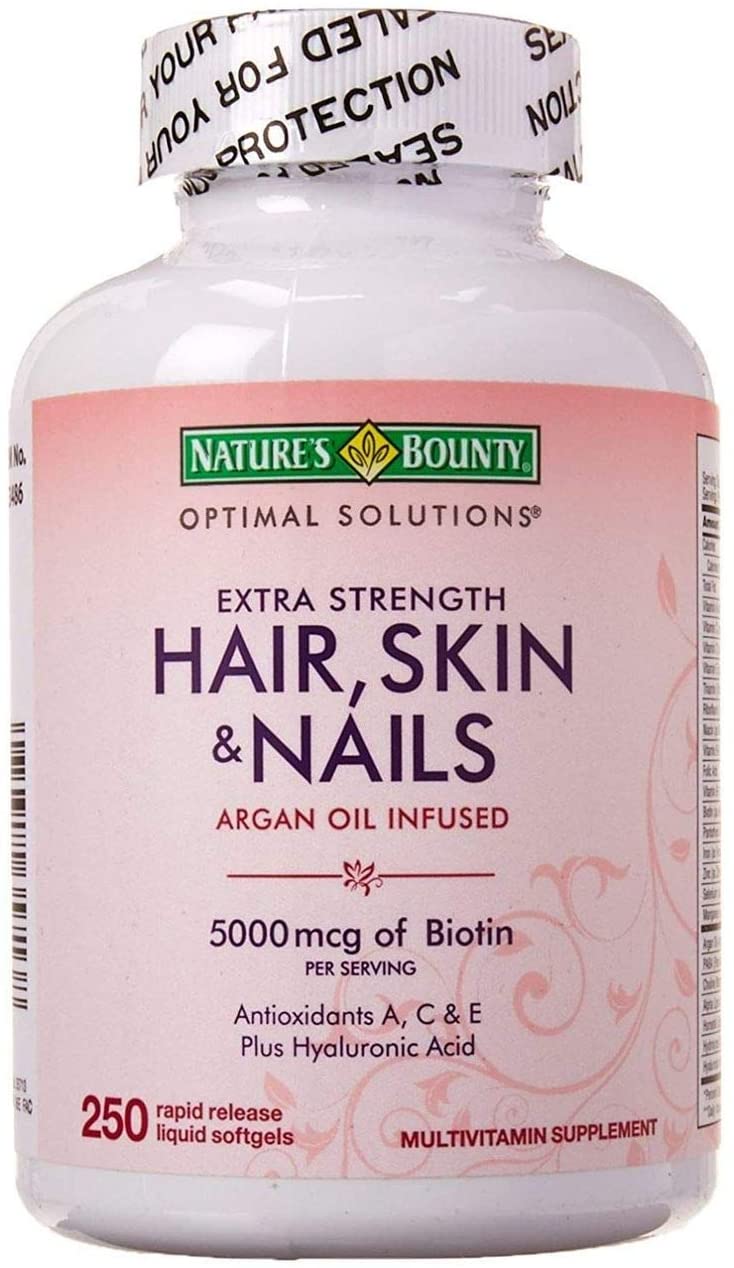 Nature's Bounty Hair Skin and Nails 5000 mcg of Biotin - 250 Coated Softgels Regular & Extra Strength