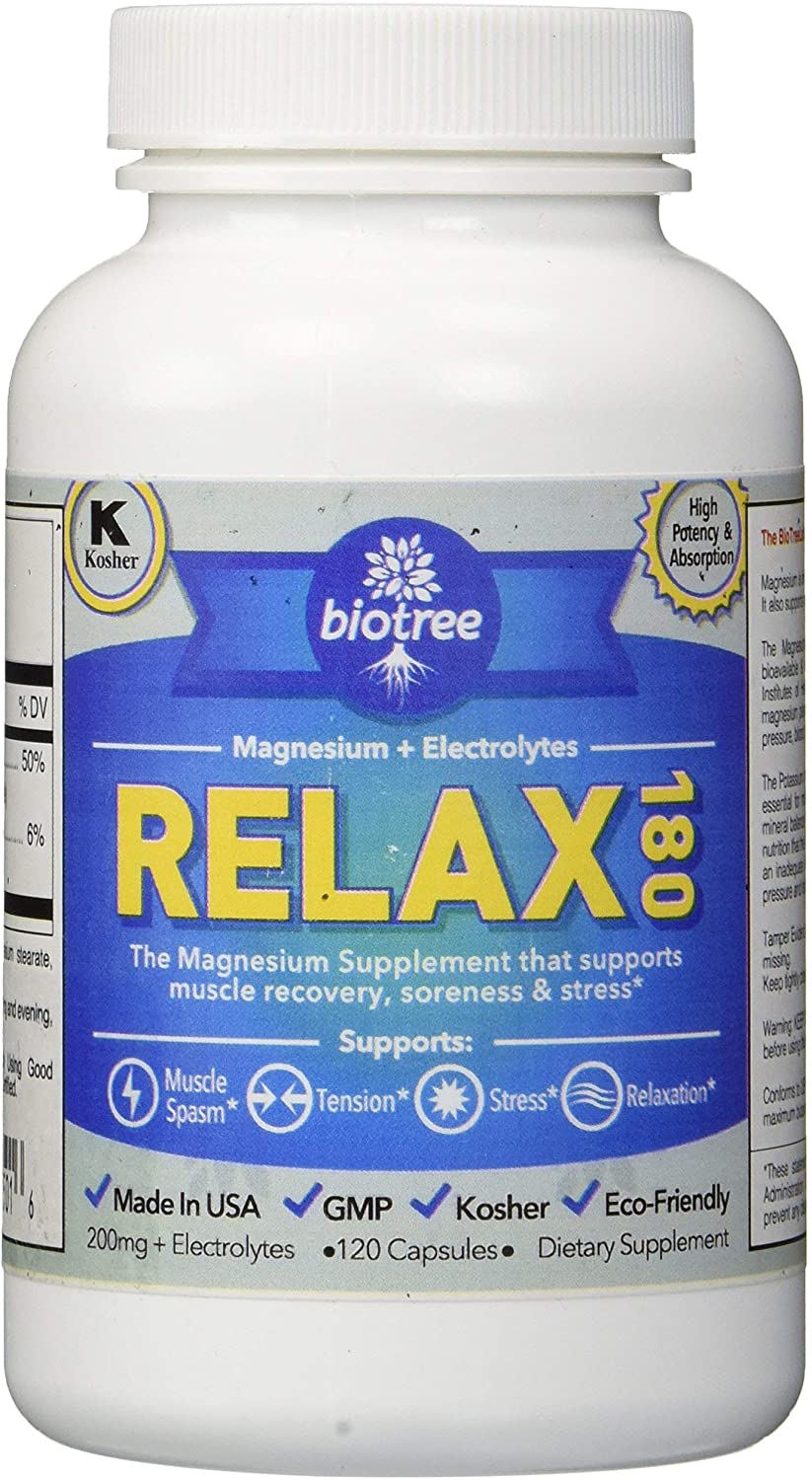 BioTree Labs Relax 180 - Pack of 120, Magnesium & Potassium Supplement with Electrolytes