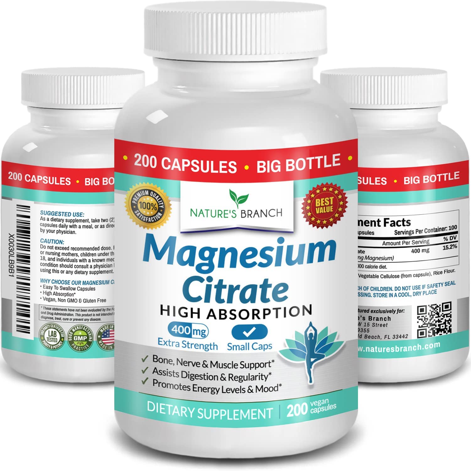 Magnesium Citrate 400mg - 200 Capsules,.