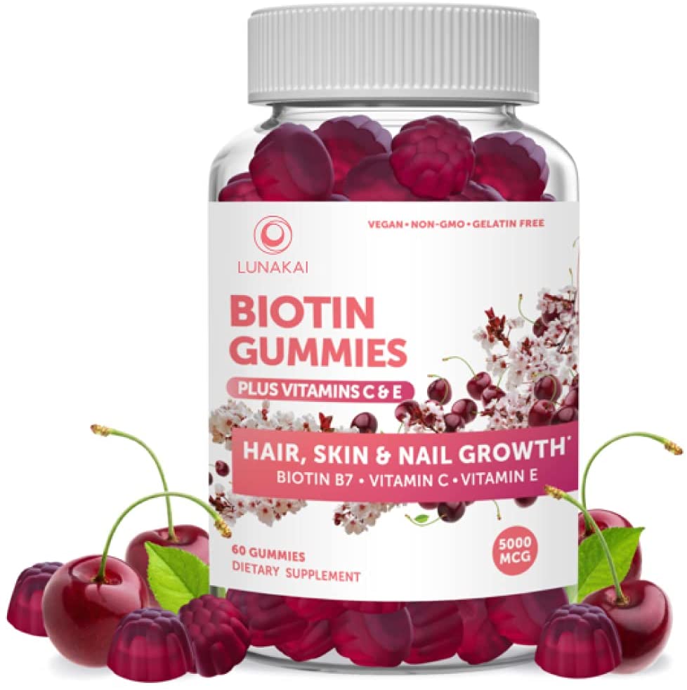 Biotin Hair Skin and Nails Gummies with Vitamin C and E - Non-GMO Vegan No Corn Syrup Gummy Promotes Natural