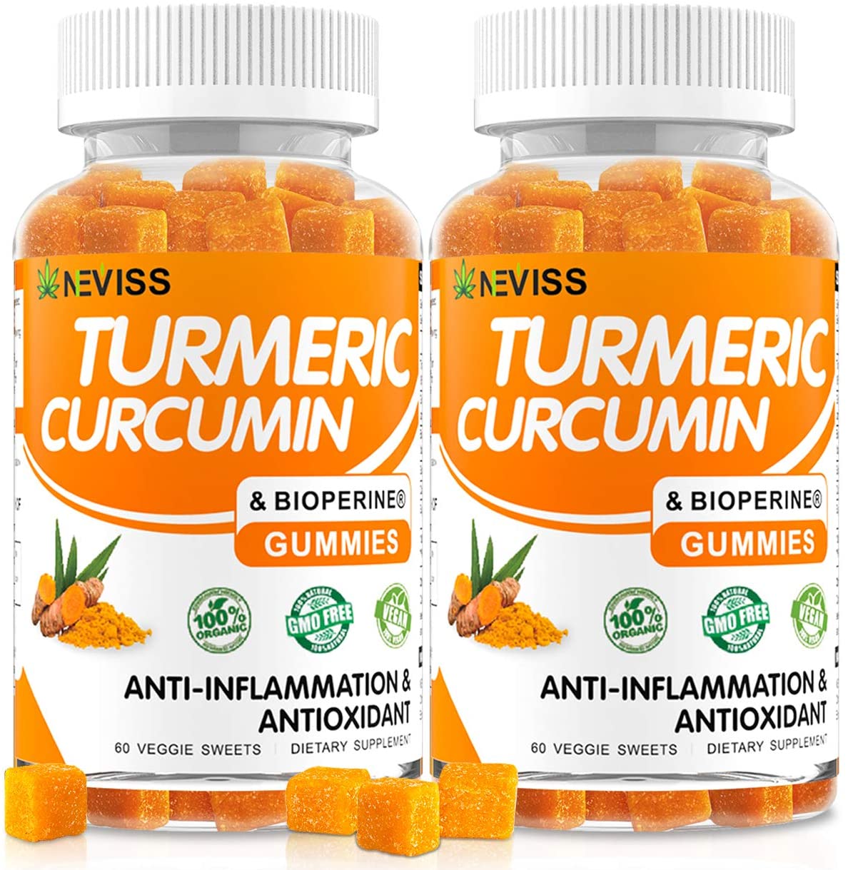 (2 Pack) Turmeric Curcumin Gummies with Bioperine - Organic Anti-inflammatory Supplement, Supports Joint Pain Relief - Vegan Turmeric Gummies for Adults with 95% Curcuminoids - Non-GMO