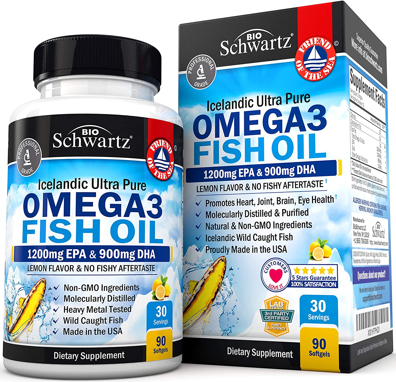 Fish Oil Omega 3 EPA & DHA 2250 mg - Burpless Lemon Flavor Triple Strength Supplement - Immune & Heart 