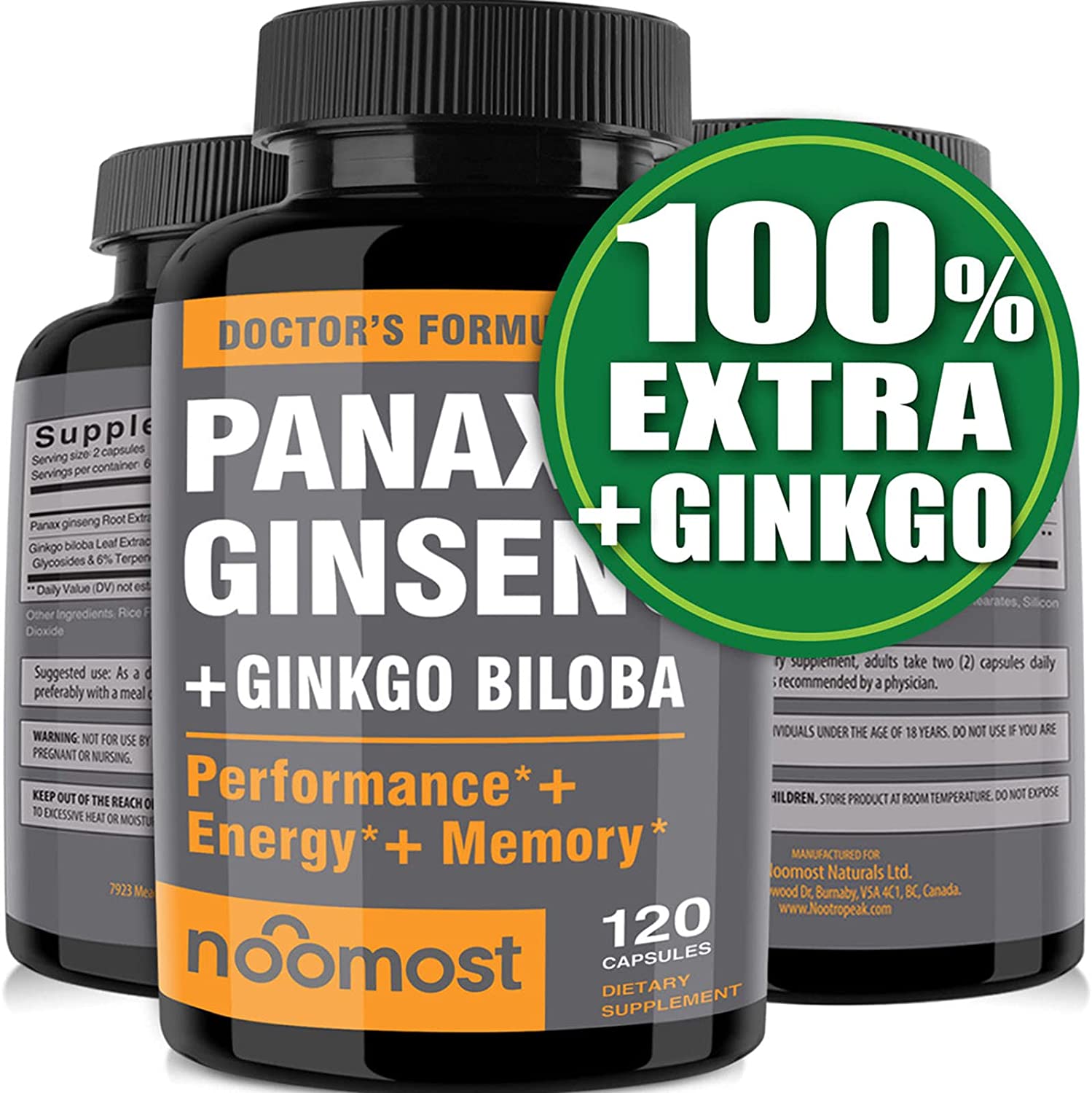 Authentic Korean Red Panax Ginseng + Ginkgo Biloba, 120 Vegan Capsules