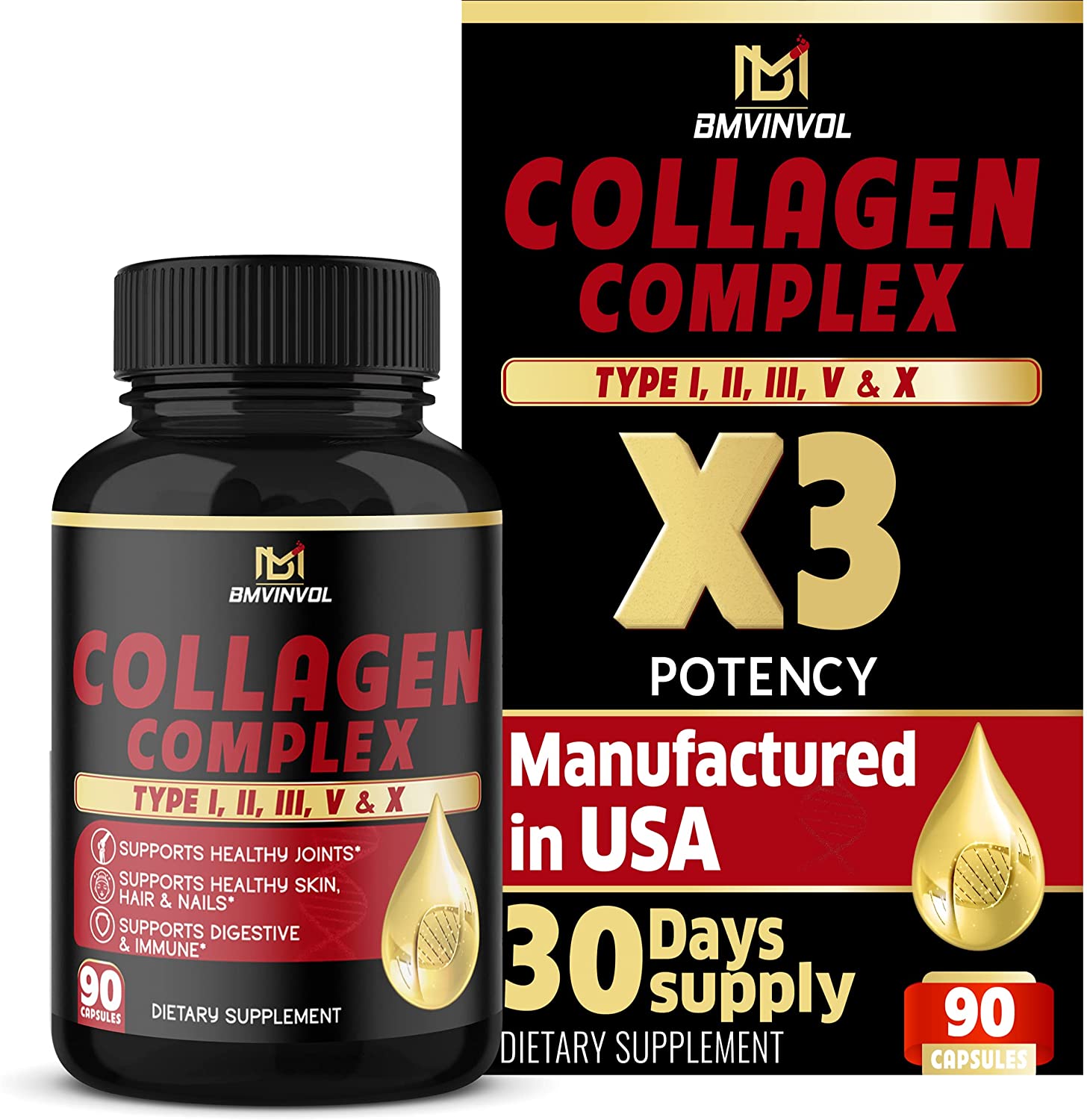 Collagen Capsules - Type I, II, III, V, X - 90 Collagen Pills 