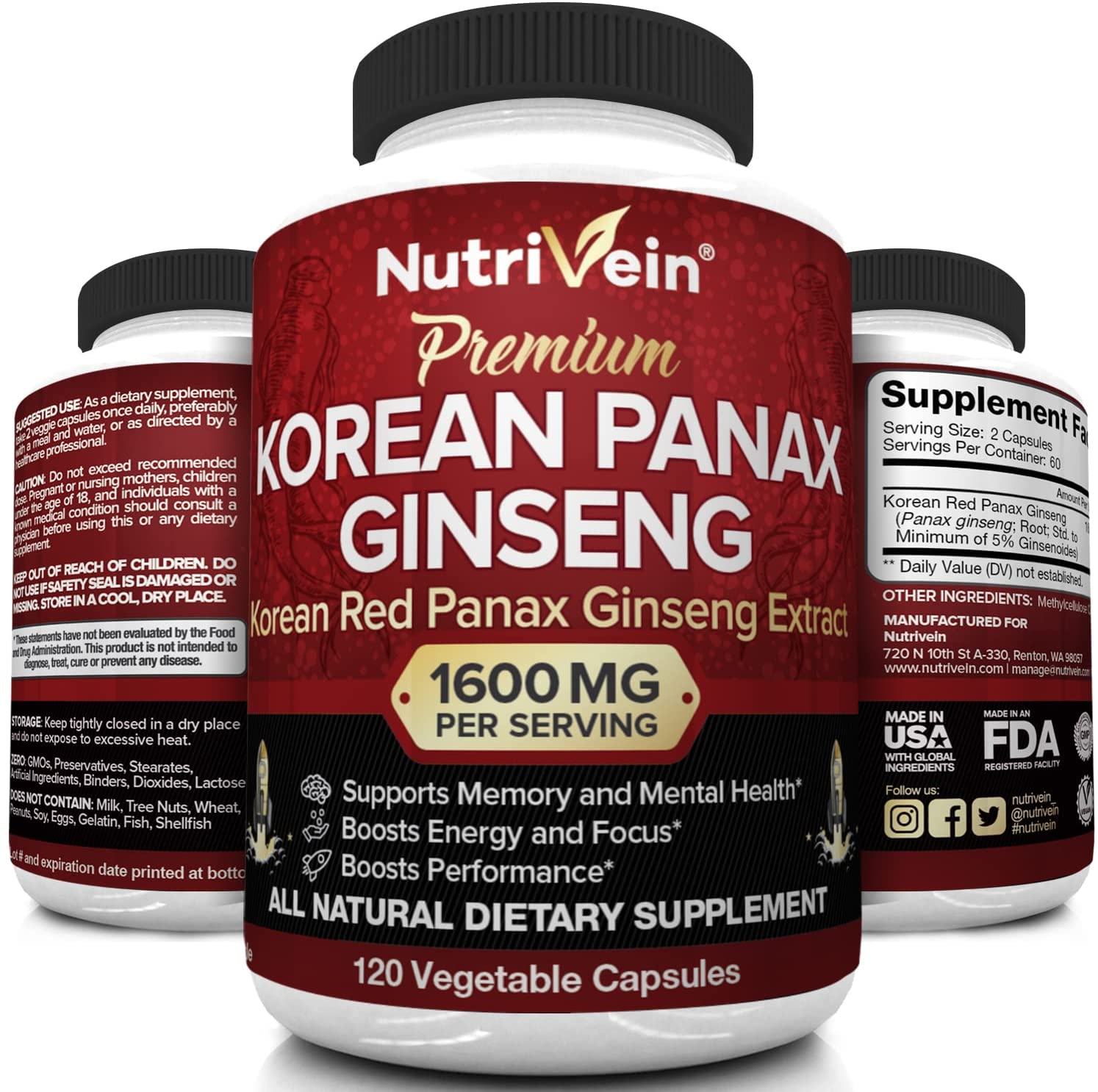 Nutrivein Pure Korean Red Panax Ginseng 1600mg