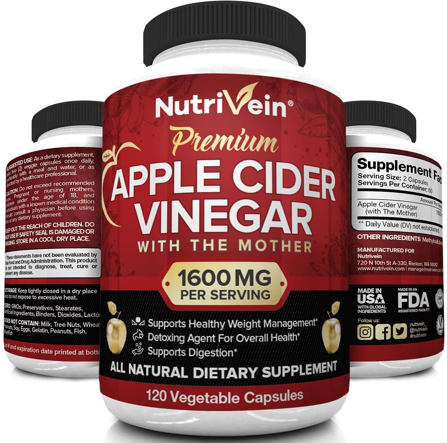 Nutrivein Apple Cider Vinegar Capsules with Mother 1600mg - 120 Vegan Pills 