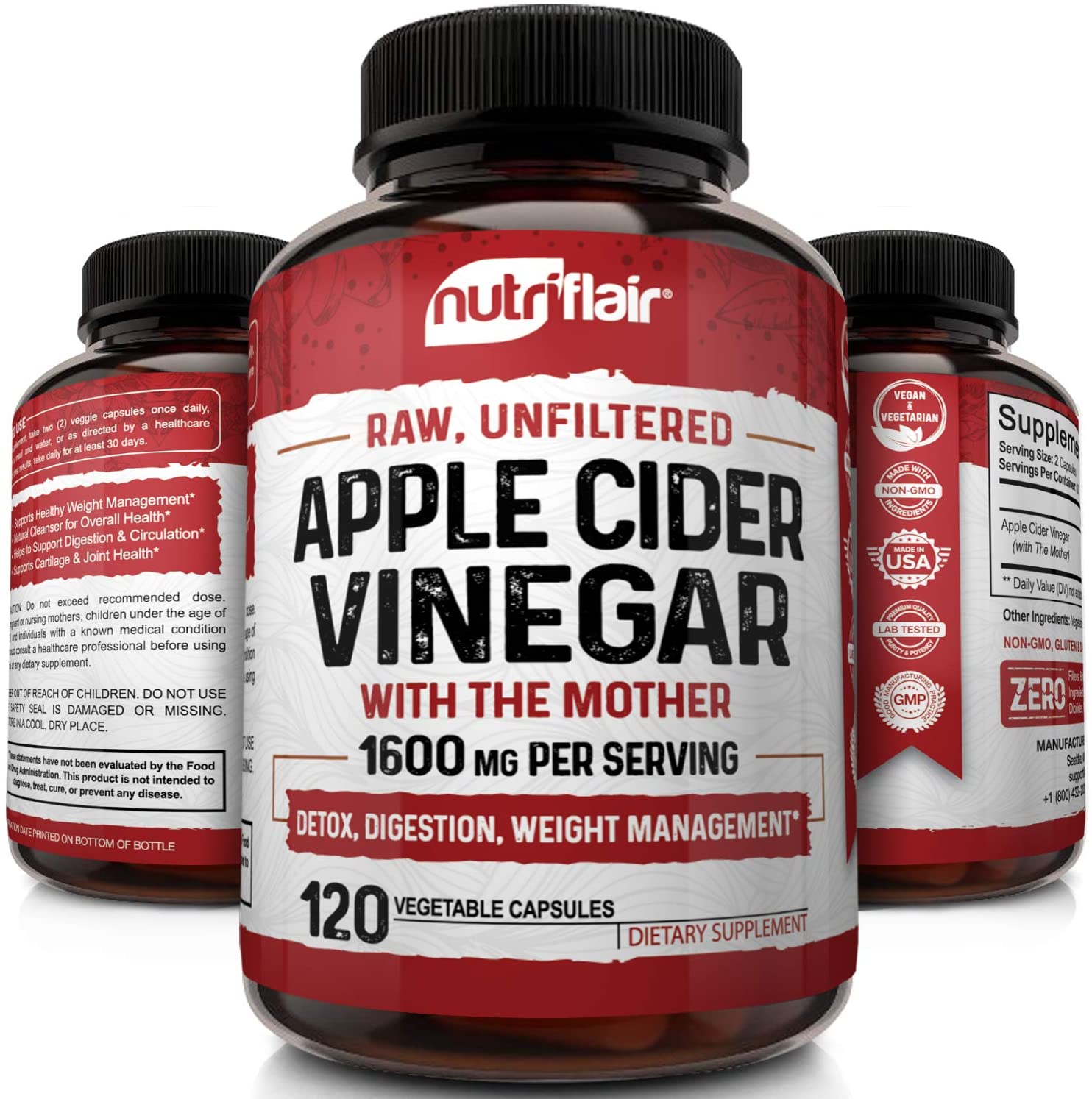 Apple Cider Vinegar Capsules with Mother 1600mg - 120 Vegan ACV Pills - Best Supplement for Healthy Weight 