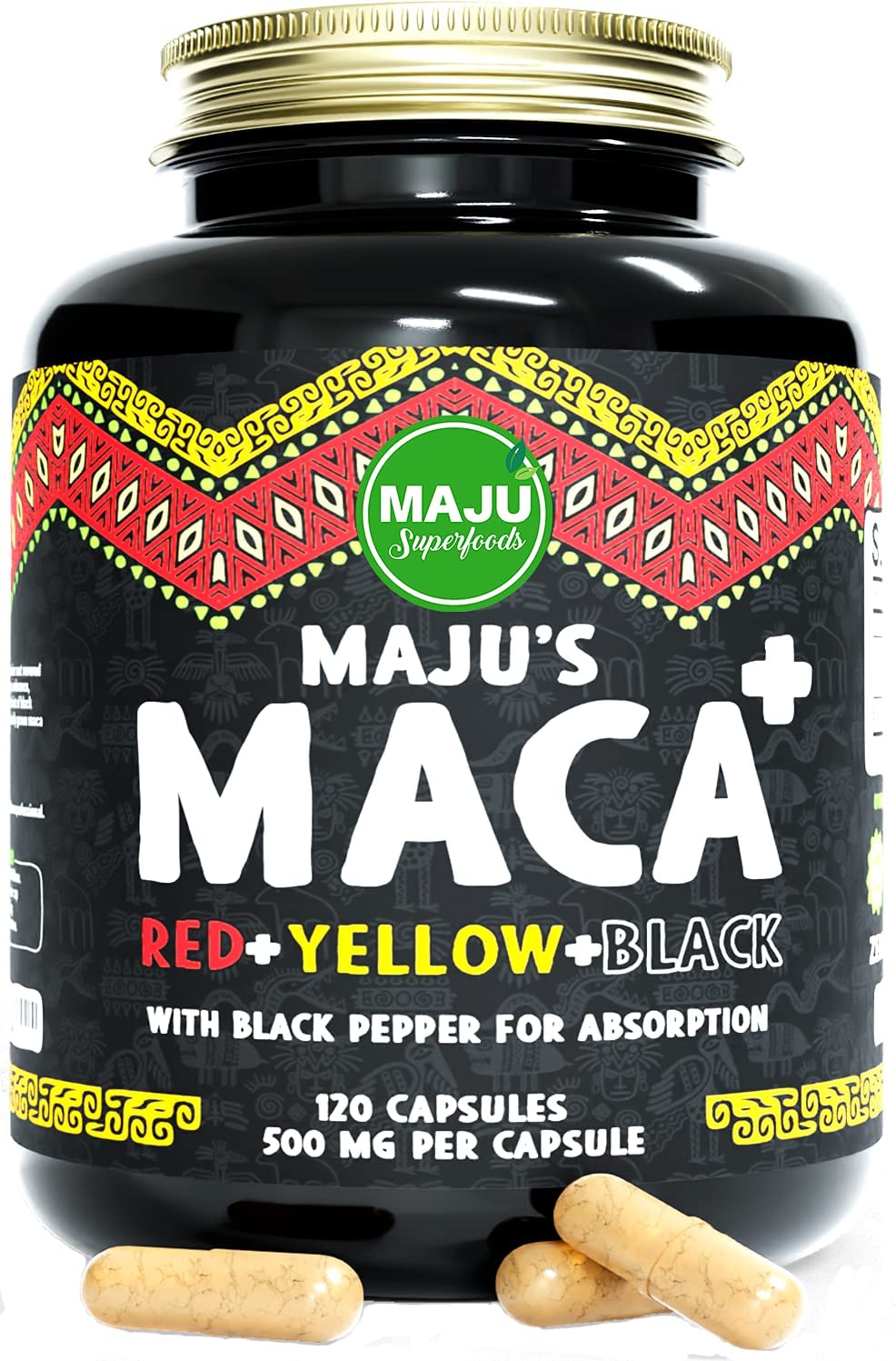 Strong Organic Maca Capsules, Black, Yellow & Red Root w/ Black Pepper Extract for Absorption, Roots Grown in