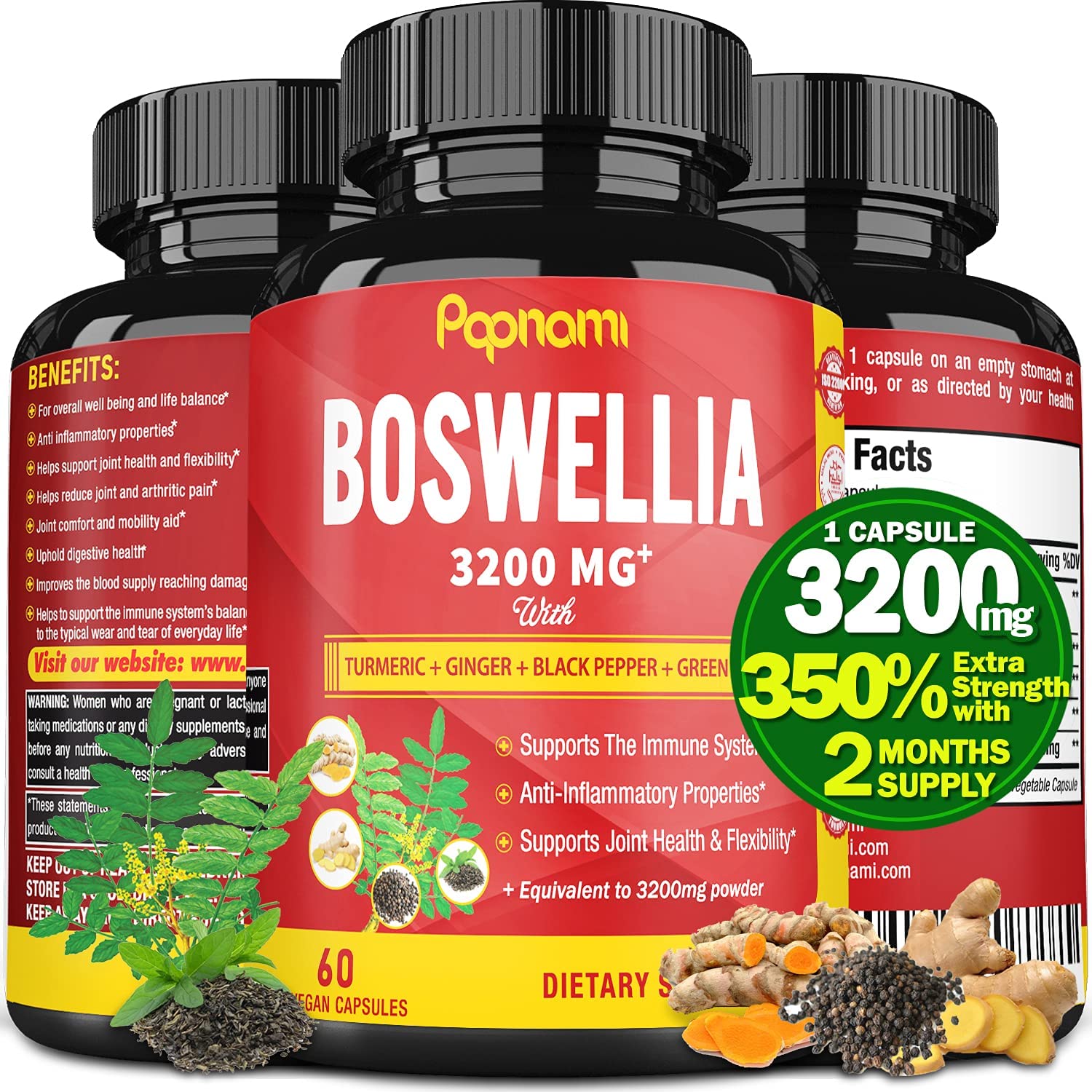 Organic Boswellia Serrata Extract Capsules 3200MG with Turmeric, Ginger, Black Pepper, Green Tea | Joint Back, Knee Pa