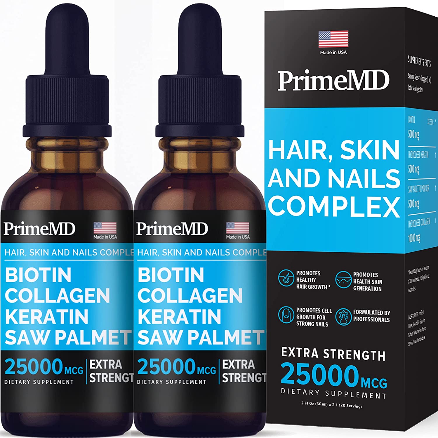 Liquid Biotin Collagen Keratin Saw Palmetto 4-in-1 25000mcg Drops Hair Skin and Nails Vitamins with Biotin and Collagen Supplement 120ml