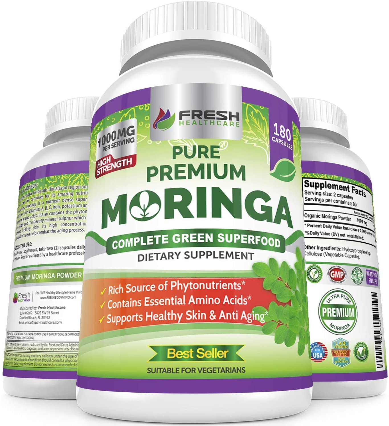 Moringa Oleifera 180 Capsules – 100% Pure Leaf Powder