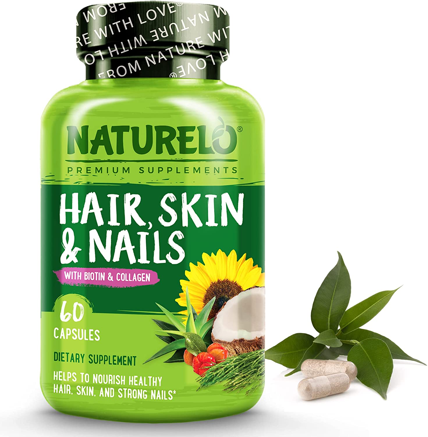 NATURELO Hair, Skin and Nails Vitamins - 5000 mcg Biotin, Collagen, Natural Vitamin E