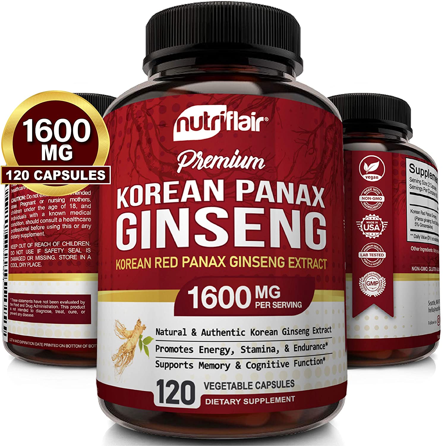 NutriFlair Korean Red Panax Ginseng 1600mg - 120 Vegan Capsules