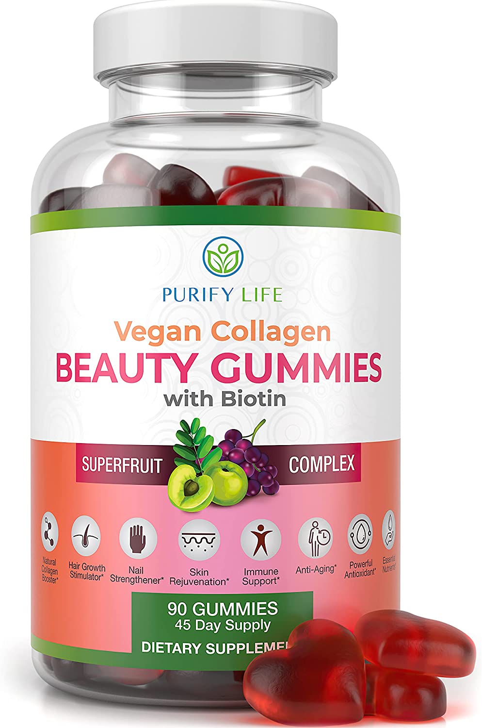 Vegan Collagen Gummies with Biotin Vitamins for Hair Skin and Nails Health, Anti-Aging (90 Chews) Collagen Booster