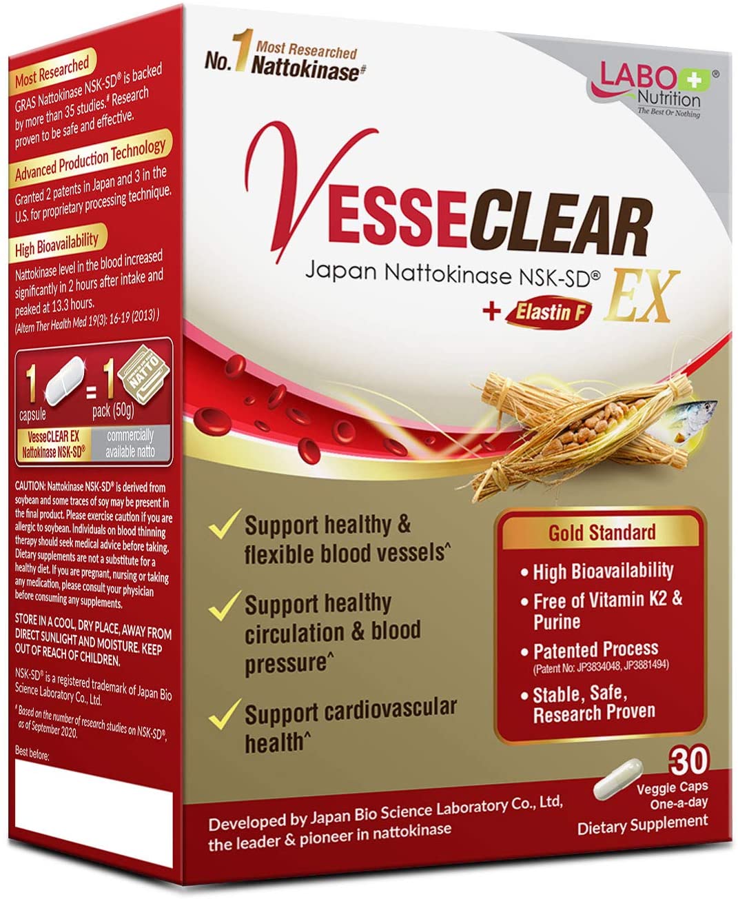 LABO Nutrition VesseCLEAR EX: Nattokinase NSK-SD+Elastin F for Clean & Flexible Blood Vessel. Japan's Most Clinically 