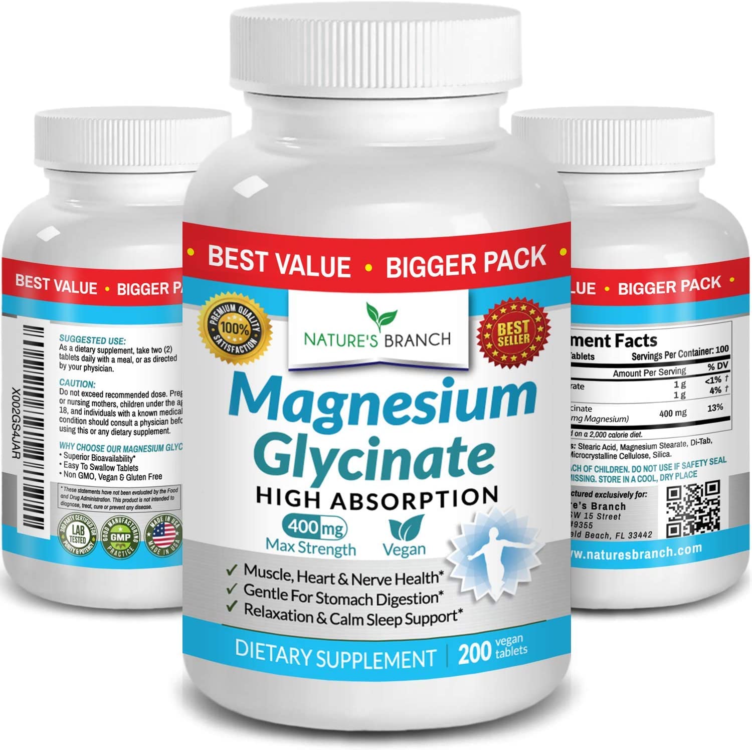 Magnesium Glycinate 400 mg - 200 Tablets - High Absorption, Non Buffered Bisglycinate Mag Supplement for Sleep, Leg 