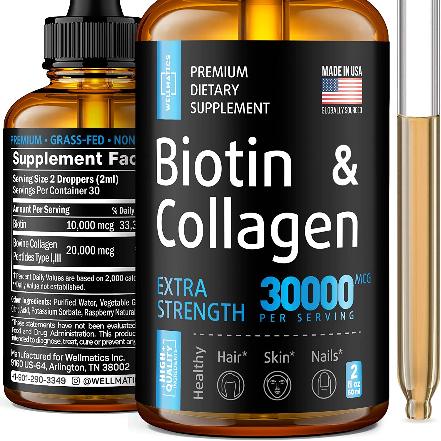 Biotin & Collagen Drops - Hair Growth Treatment - Liquid Collagen for Women & Men -